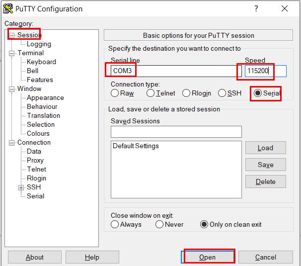 Open serial port putty