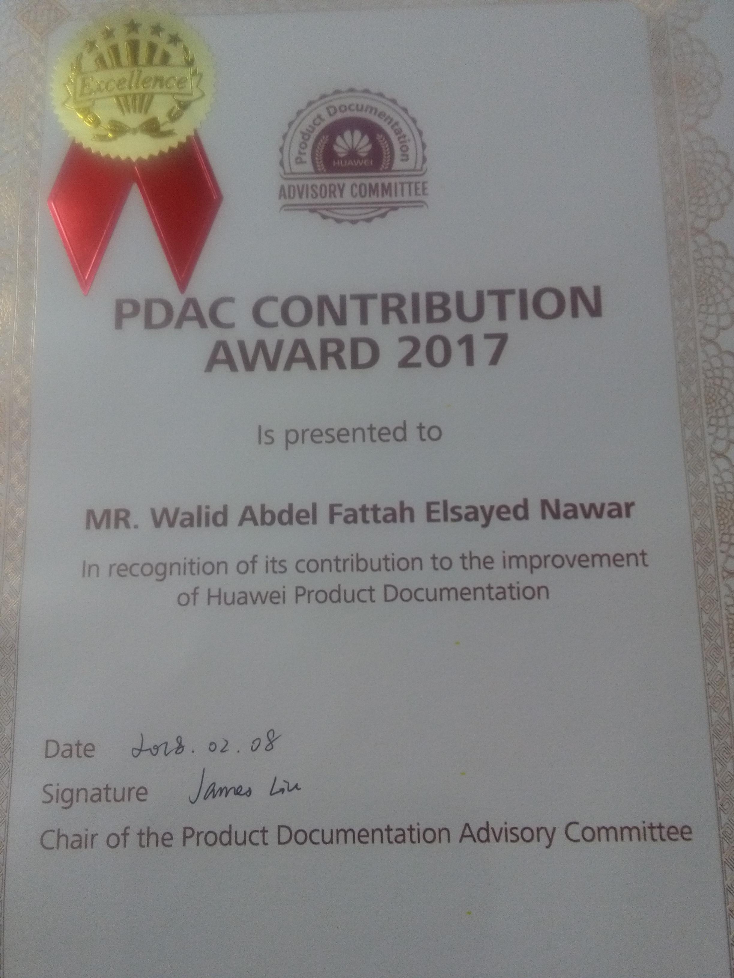 PDAC Contribution Award 2018 & 2017 For Walid Nawar - Huawei Enterprise ...