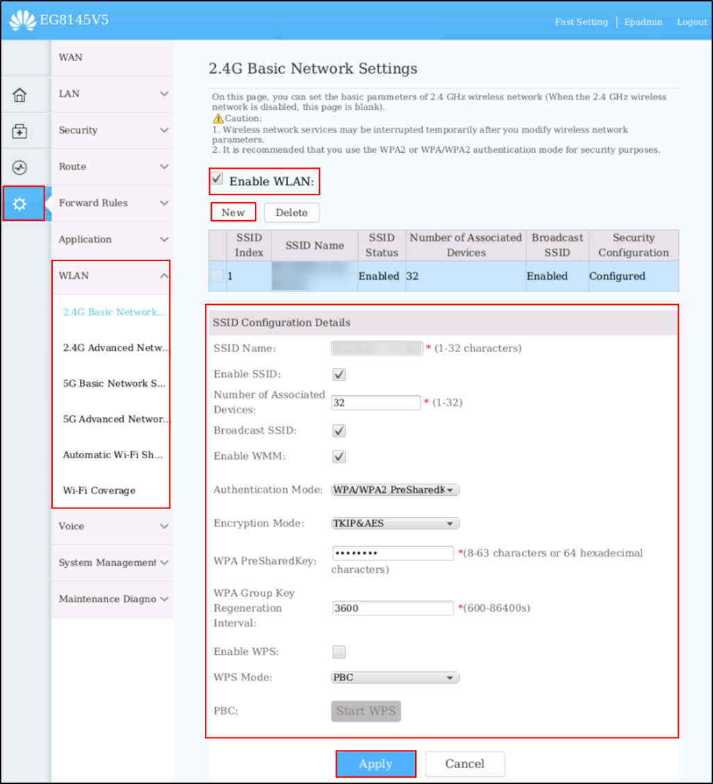 Configuration for ONT and fiber optic connection parameters